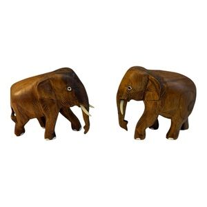 Hand Carved Wooden Elephant Figurines Set Home Decor Boho